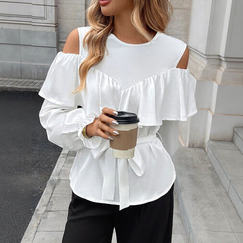 Long-sleeved Ruffled Off-the-shoulder Lace-up Shirt for Stylish Looks