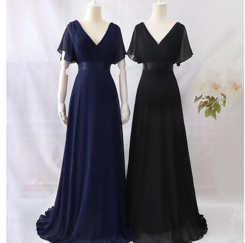 Chiffon Maxi Dress with Flared Sleeves and Handmade Pleats