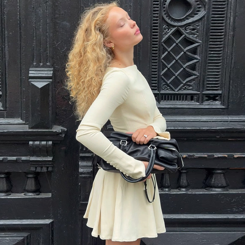 Beaded Slim-fit Pleated Dress with Back Zipper Closure