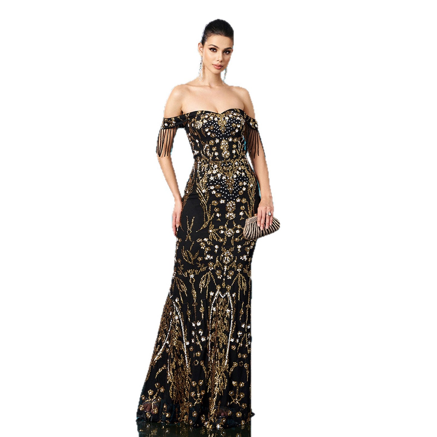 Fishtail Evening Dress with Off-neck Tassel Sequins for Banquet