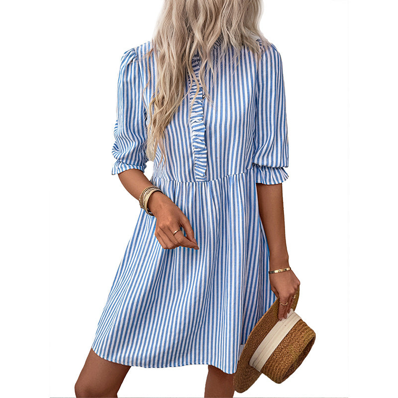 Puff Sleeve Stand Collar Striped Dress with A-Line Skirt Style