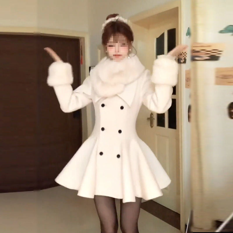 Cotton Wool Collar Woolen Coat with Detachable Fur Collar