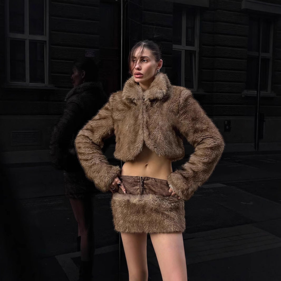 Retro Short Furry Skirt with Stylish Zipper Detail