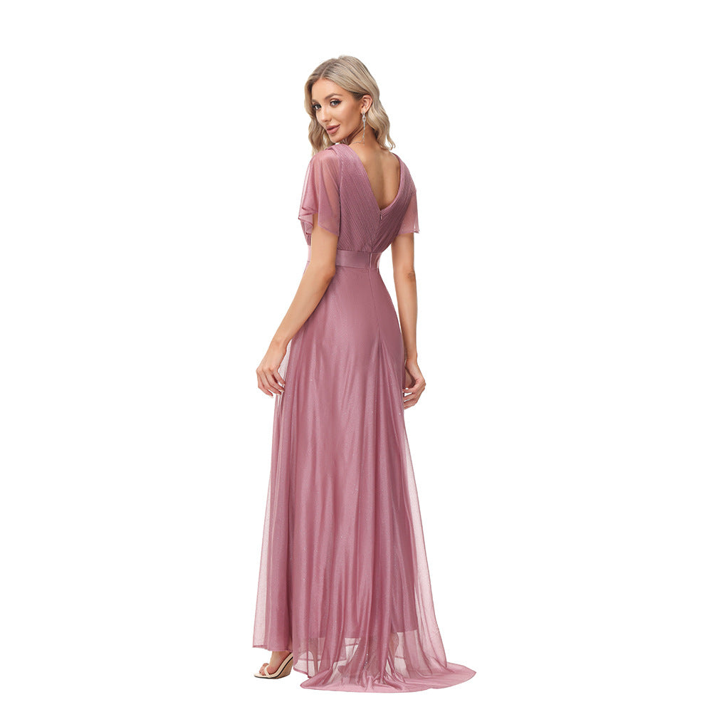 Chiffon Maxi Dress with Flared Sleeves and Handmade Pleats