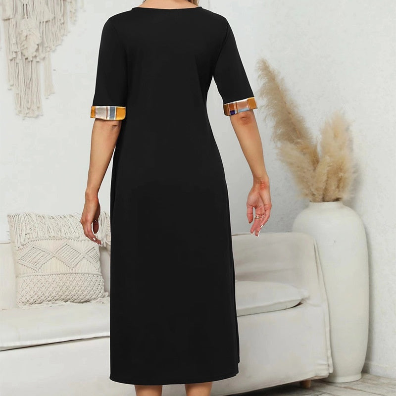 Round Neck Contrast Color Half Sleeve Irregular Long Dress
