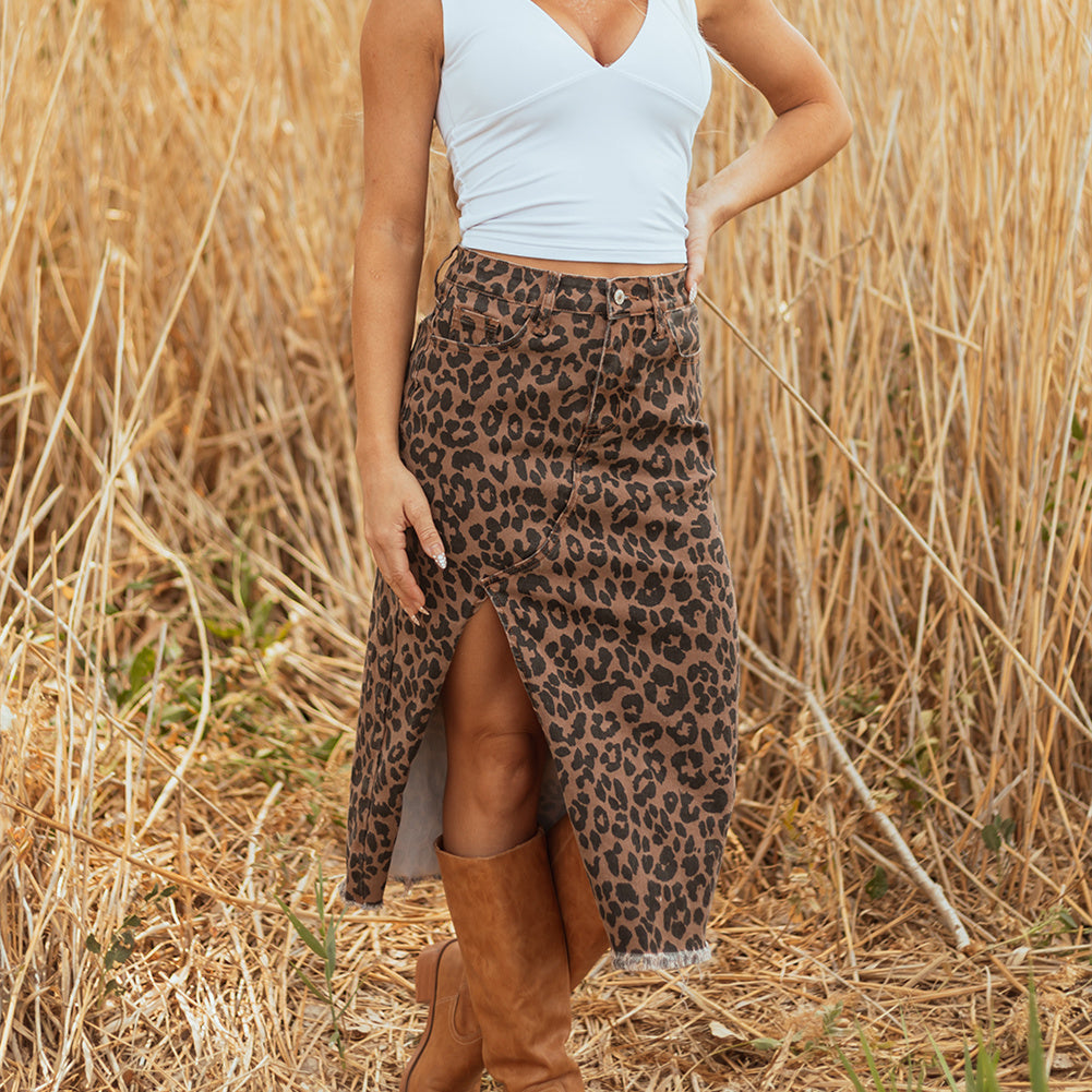 Leopard Print High Waist Slit Denim Skirt for Bold Style Statement