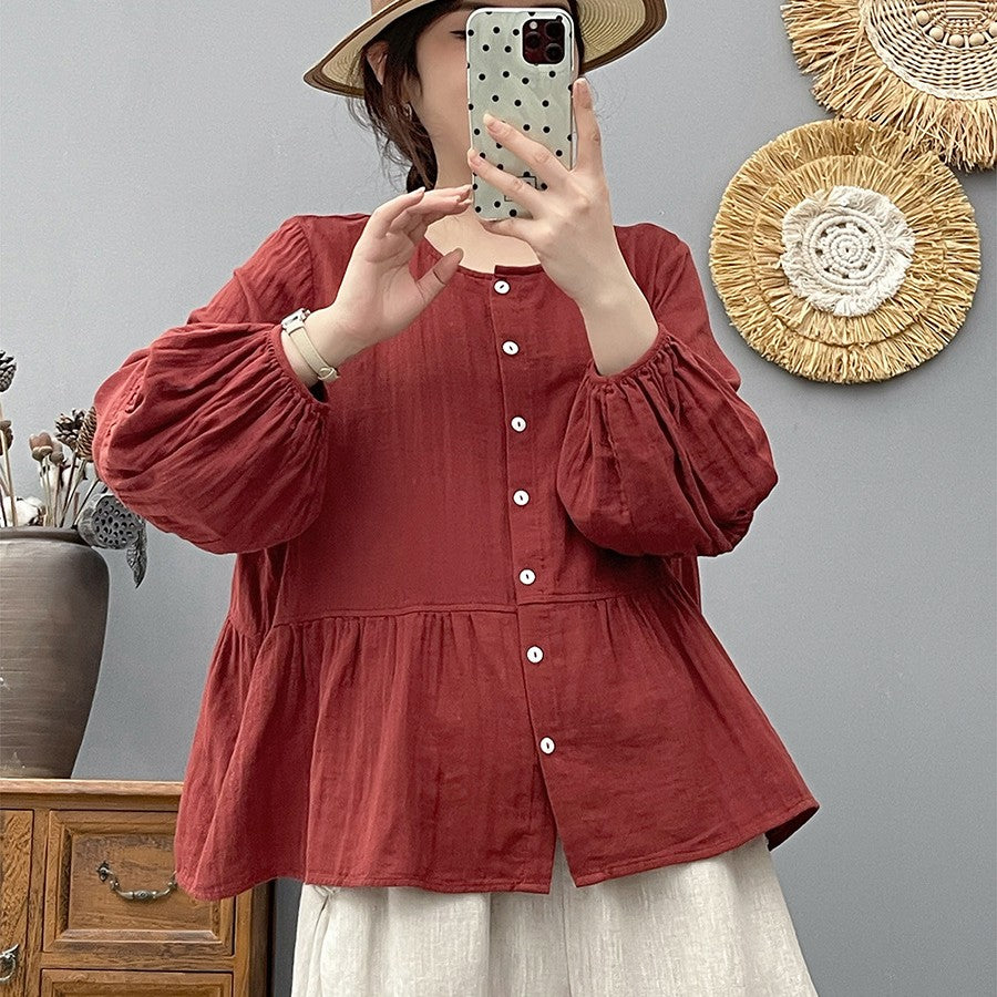 Loose Double-layer Cotton Yarn Top with Long Sleeves