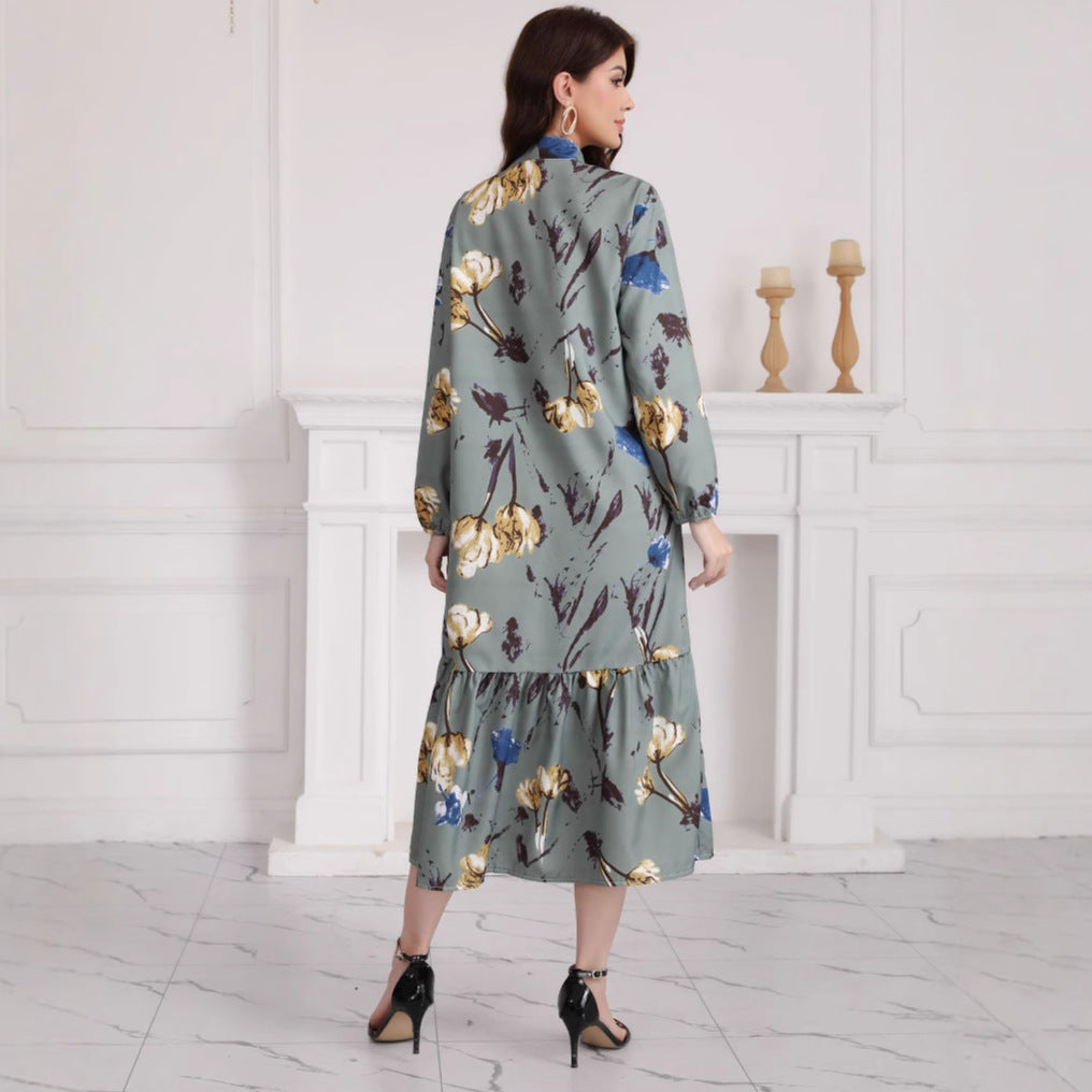 Floral Print Long Dress with Comfortable Cotton-Linen Blend Fabric