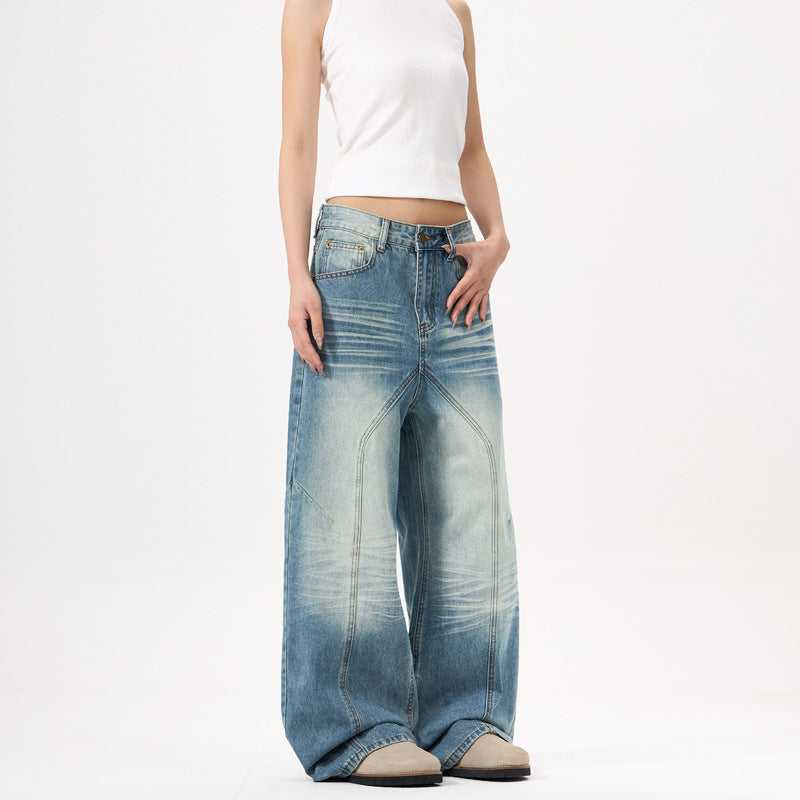 Wide-leg Blue Jeans with Deconstruct Stitching for Trendy Style