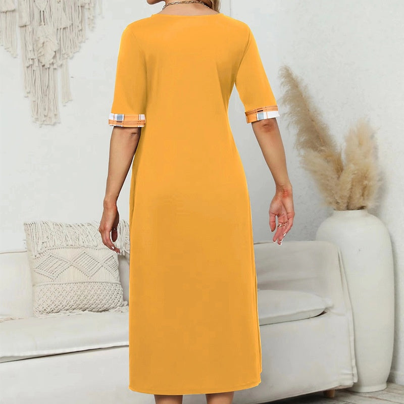 Round Neck Contrast Color Half Sleeve Irregular Long Dress