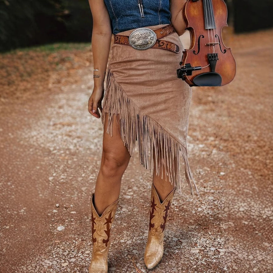 Asymmetric Suede Skirt with Trendy Tassel Hem for Fashionistas