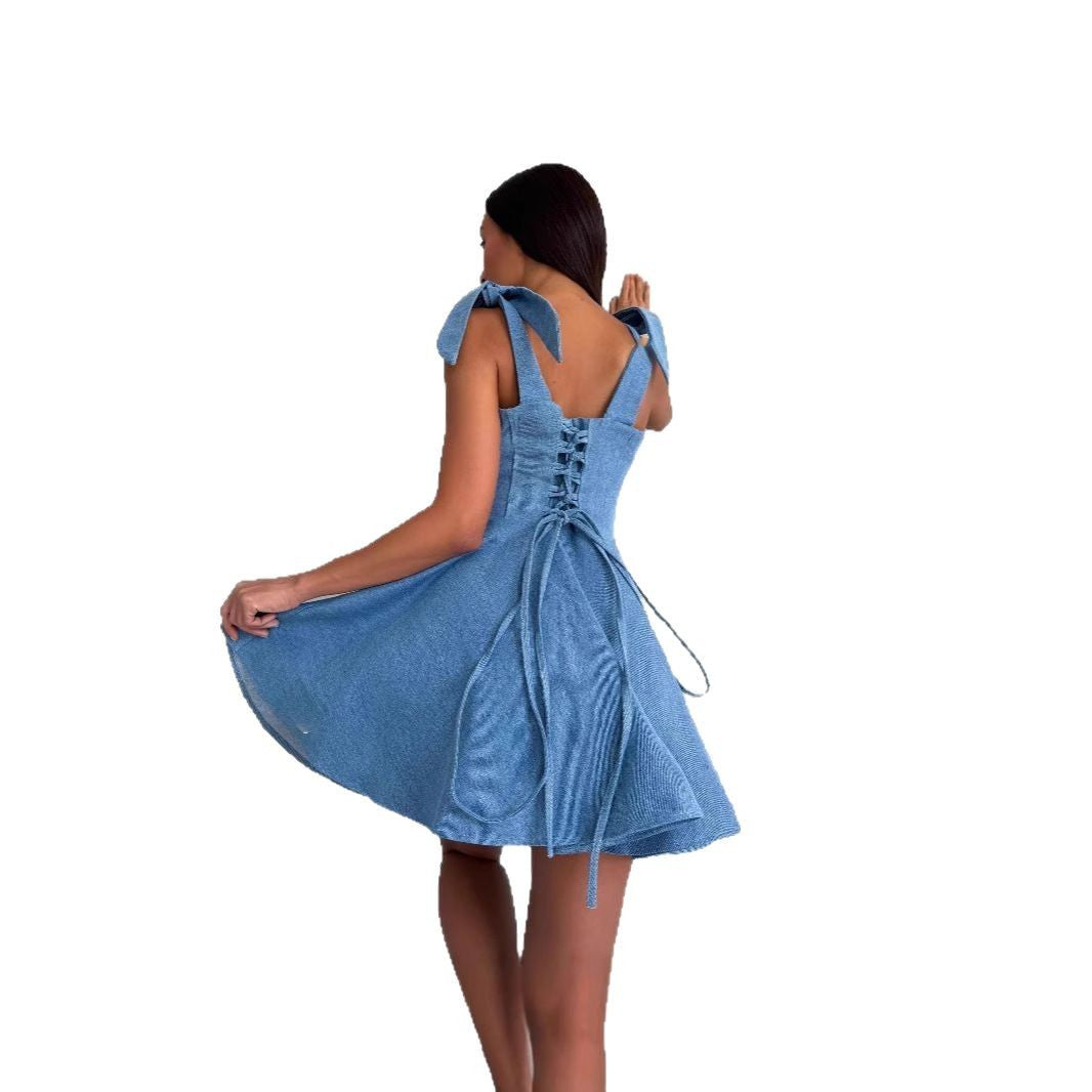 Square Collar Lace Up Fishbone Waist Dress with A-Line Skirt