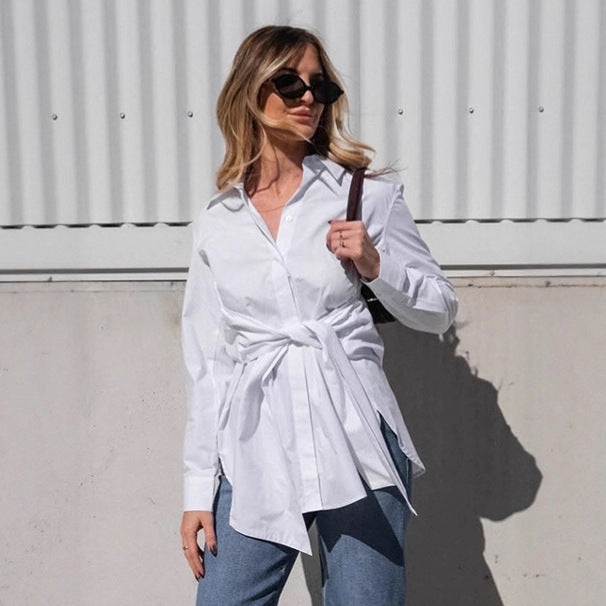 Cotton Blouse with Lace-up Waist Trimming for Casual Style