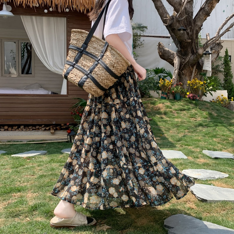 A-Line Chiffon Floral Skirt with Colorful Print Style