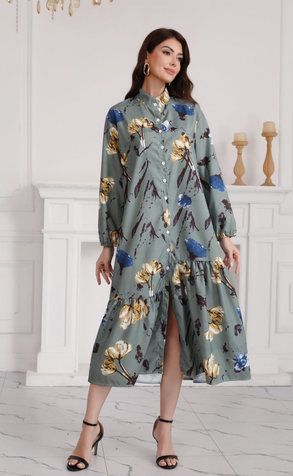 Floral Print Long Dress with Comfortable Cotton-Linen Blend Fabric