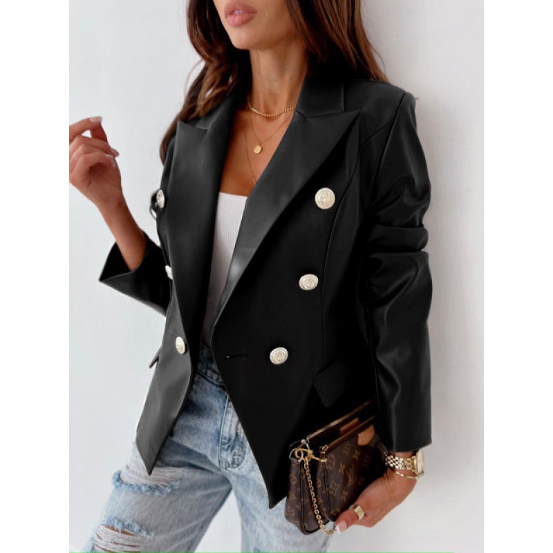Long Sleeve Double Breasted PU Leather Jacket with Classic Style