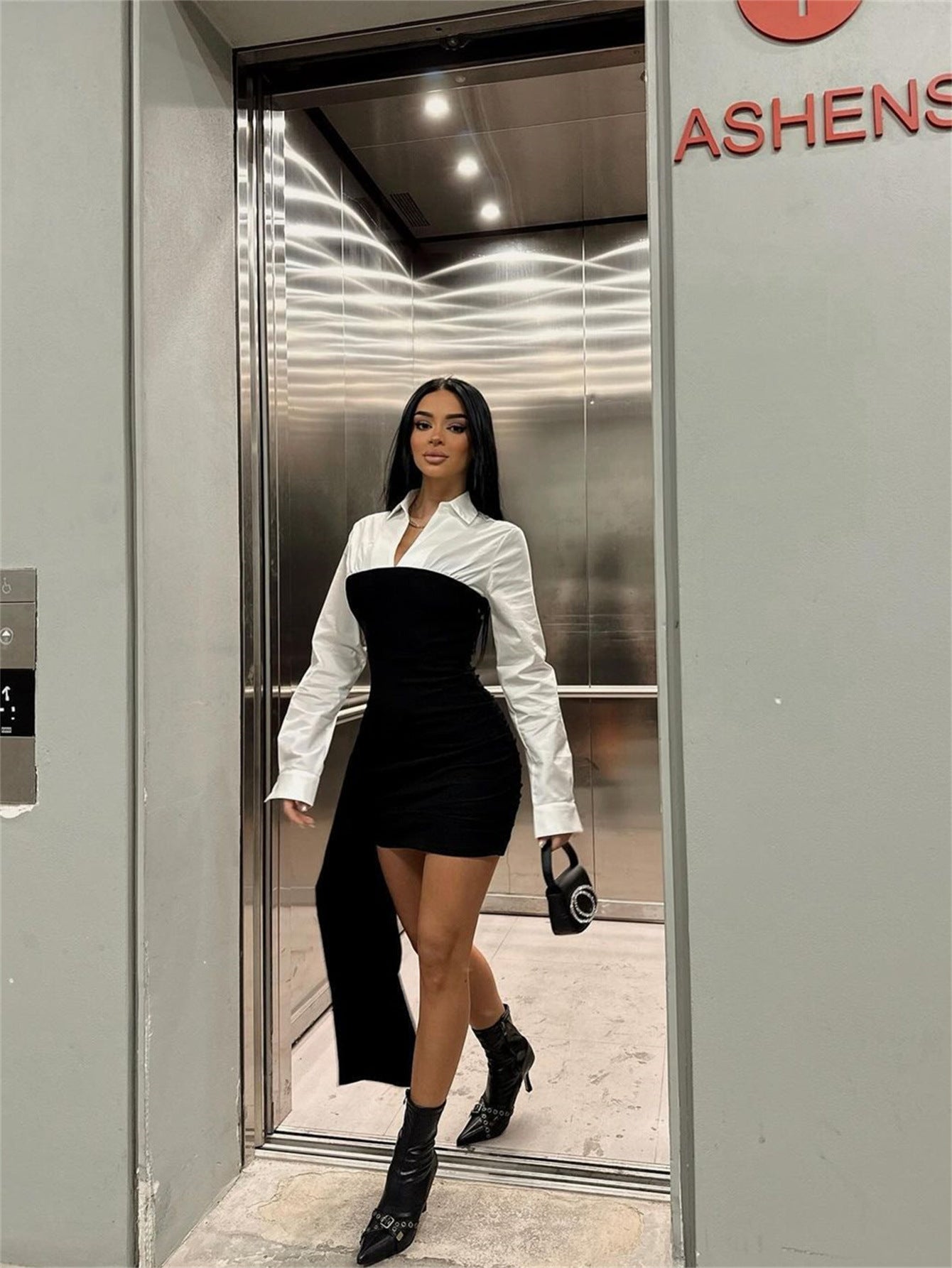 Color Contrast Patchwork Lapel Dress with Stylish Mid Waist Design