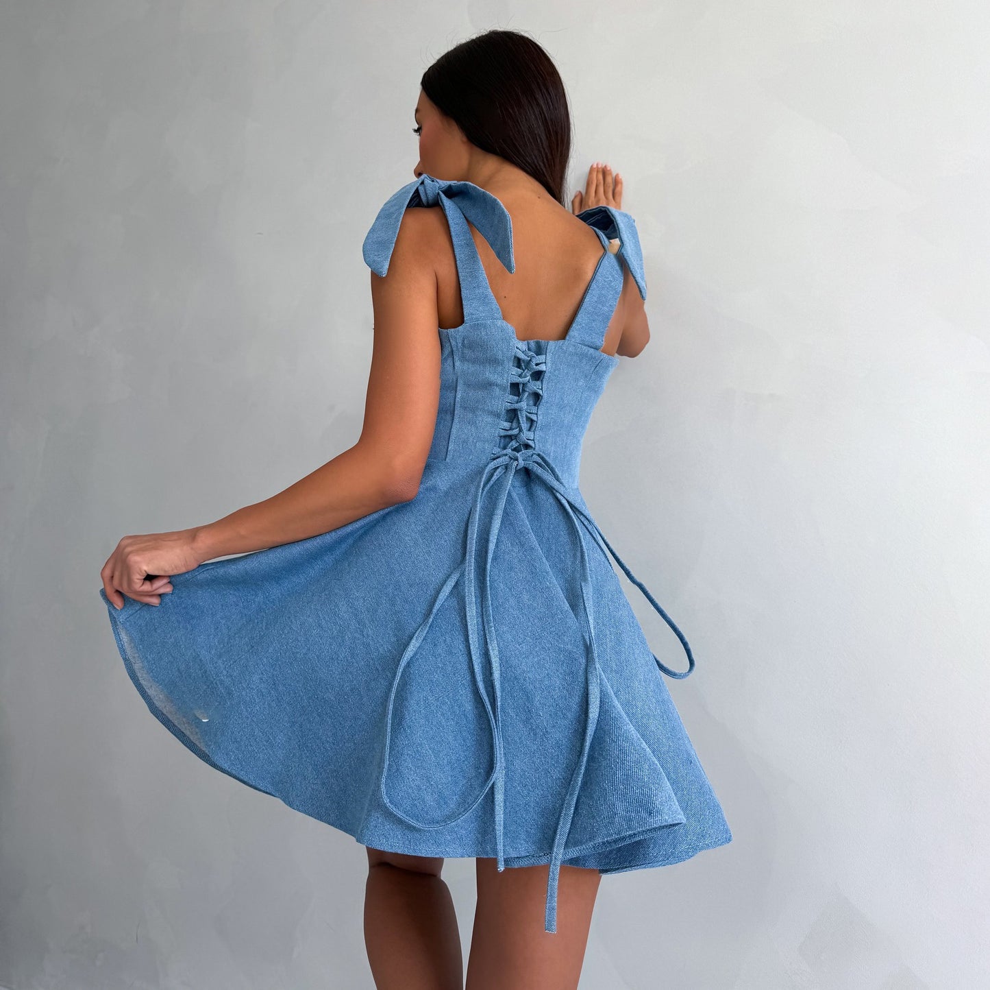 Square Collar Lace Up Fishbone Waist Dress with A-Line Skirt