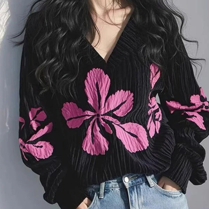 Black Flower Print Top with Flight Sleeves for Effortless Style