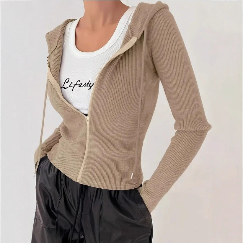 Women's Beige Knit Hooded Cardigan Zip-up