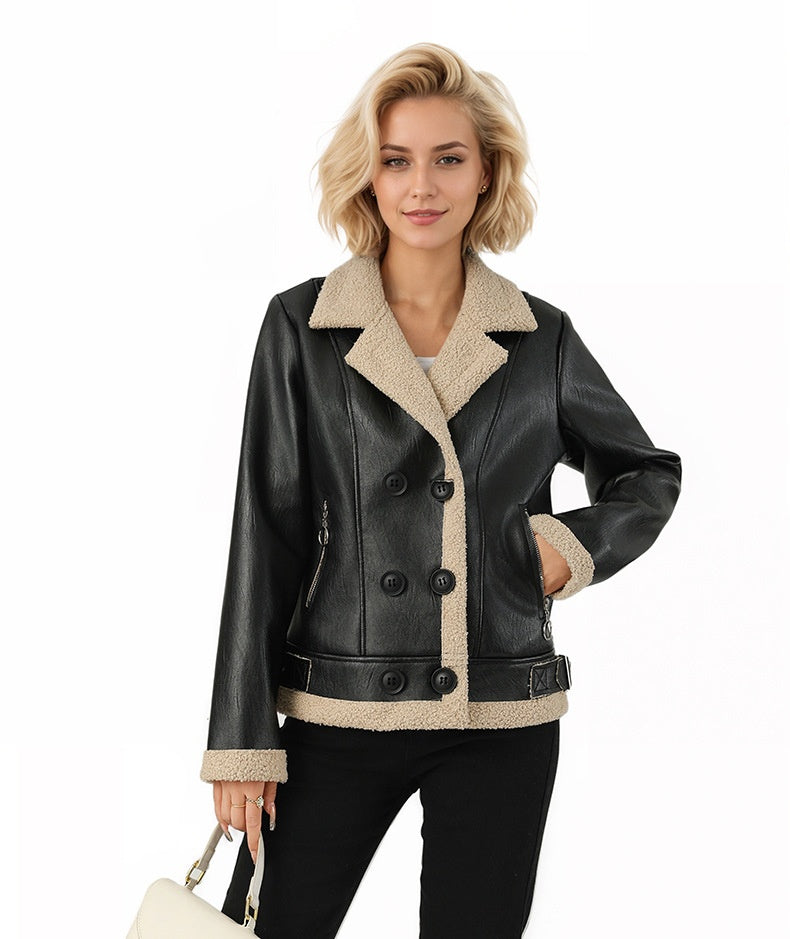 Women's Black Imitation Leather Fleece Lined Coat with Belt