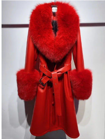 Slim-fit Leather Sheepskin Coat with Luxurious Fox Fur Lining