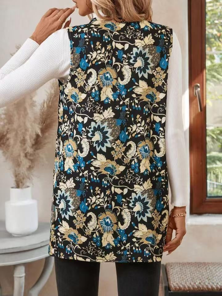Casual Printing Coat with Fresh Floral Design and Sleeveless Style