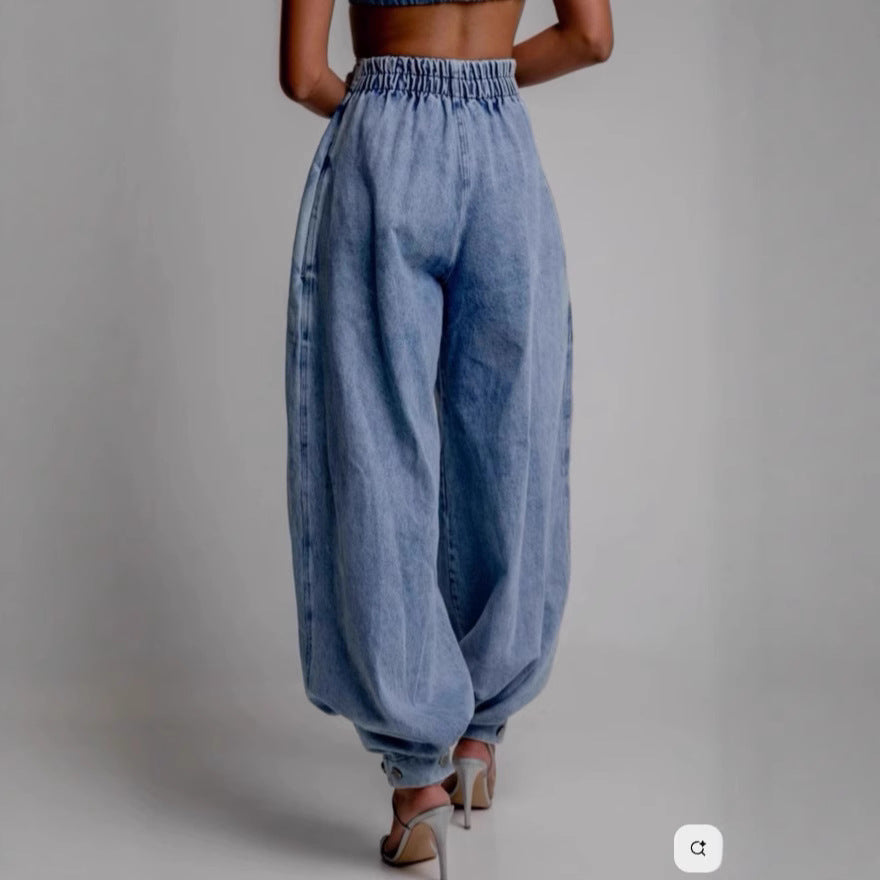 Ankle-Tied High Waist Jeans with Micro Elasticity and Comfort Fit