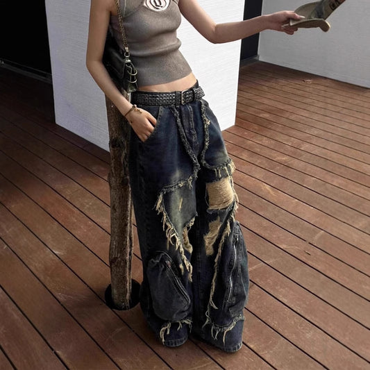 Ripped Jeans with Distressed Style and Big Pockets