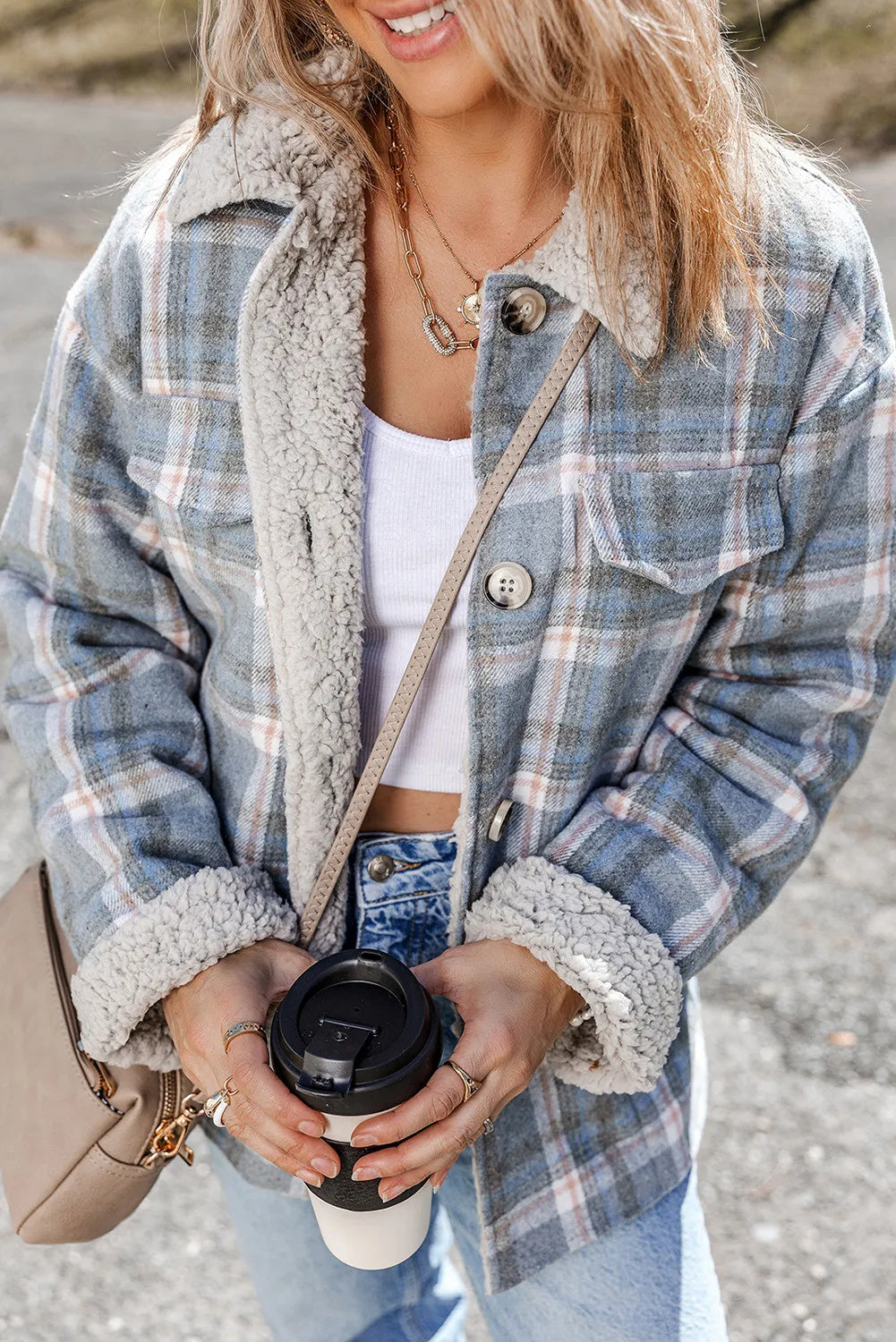 Sky Blue Stripe Sherpa Collar Cuffs Patchwork Plaid Shirt Jacket