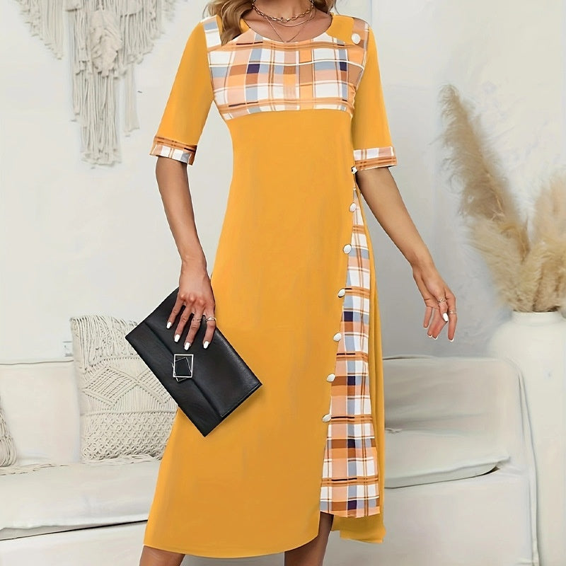 Round Neck Contrast Color Half Sleeve Irregular Long Dress
