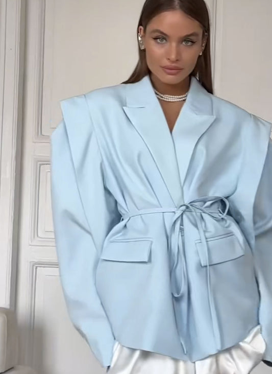 Padded Shoulder Blazer with Lace-up Waist Control for a Flattering Fit