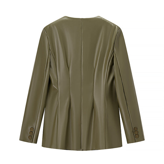 Long-sleeved V-neck Leather Jacket with Stylish Contrast Colors