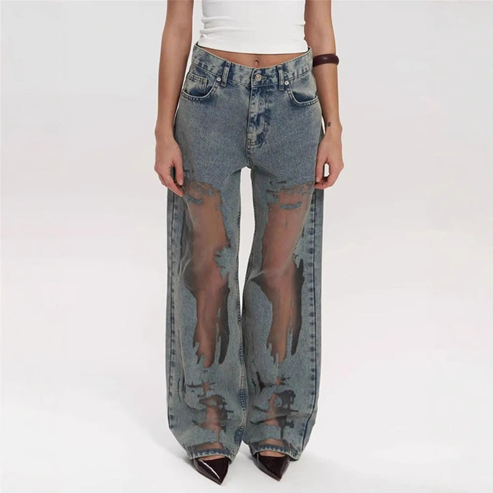 Retro Straight-leg Jeans with Unique Hollow Texture Design