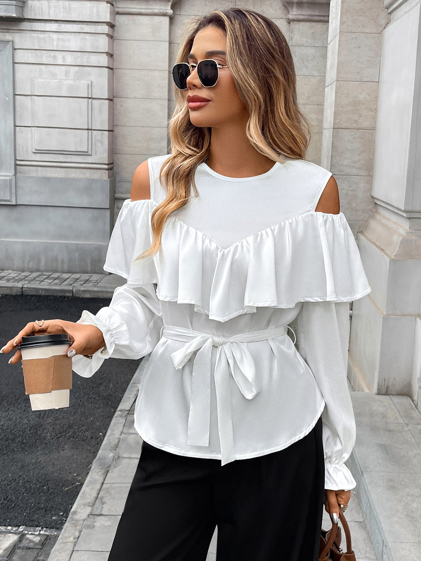 Long-sleeved Ruffled Off-the-shoulder Lace-up Shirt for Stylish Looks