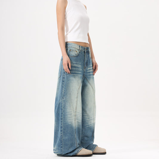 Wide-leg Blue Jeans with Deconstruct Stitching for Trendy Style