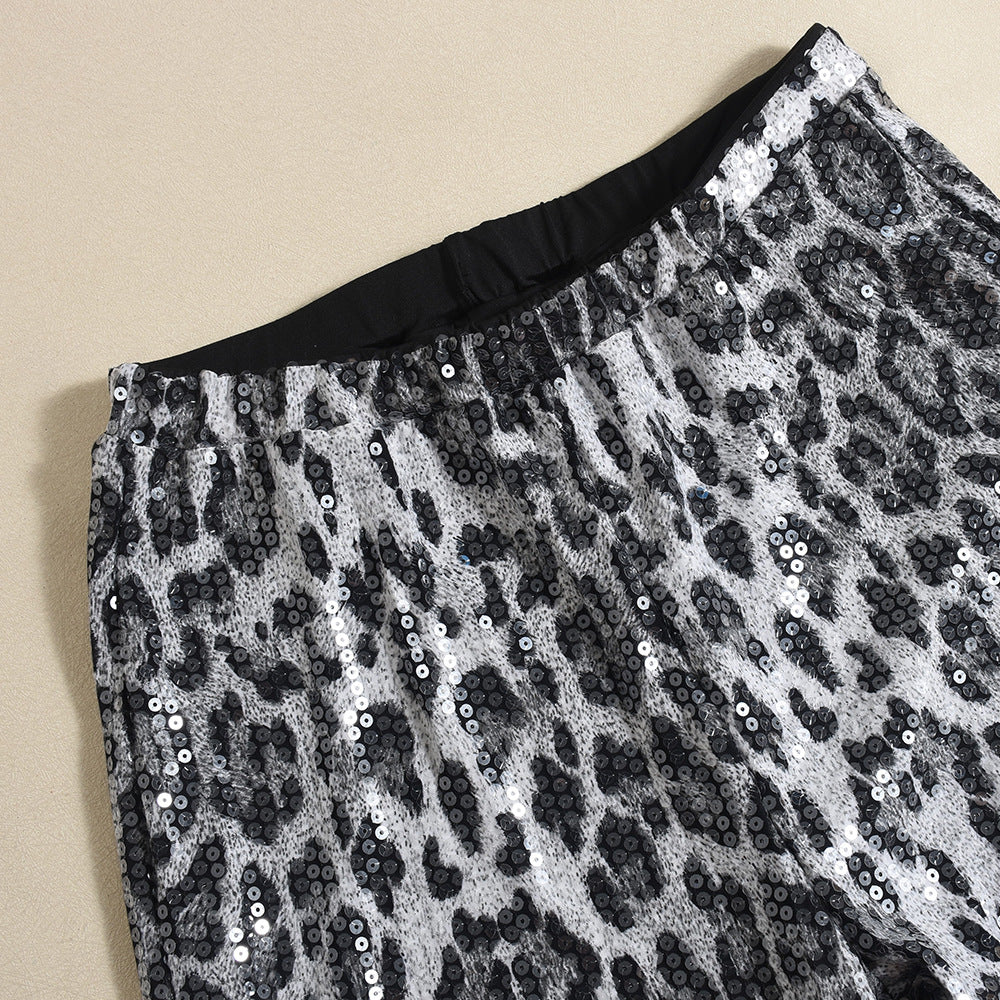 Leopard Print Straight-leg Trousers with Sparkling Sequins Detail