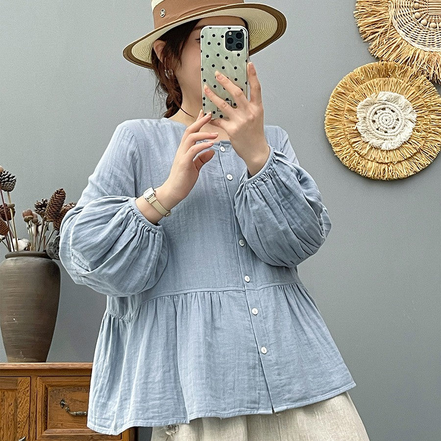 Loose Double-layer Cotton Yarn Top with Long Sleeves