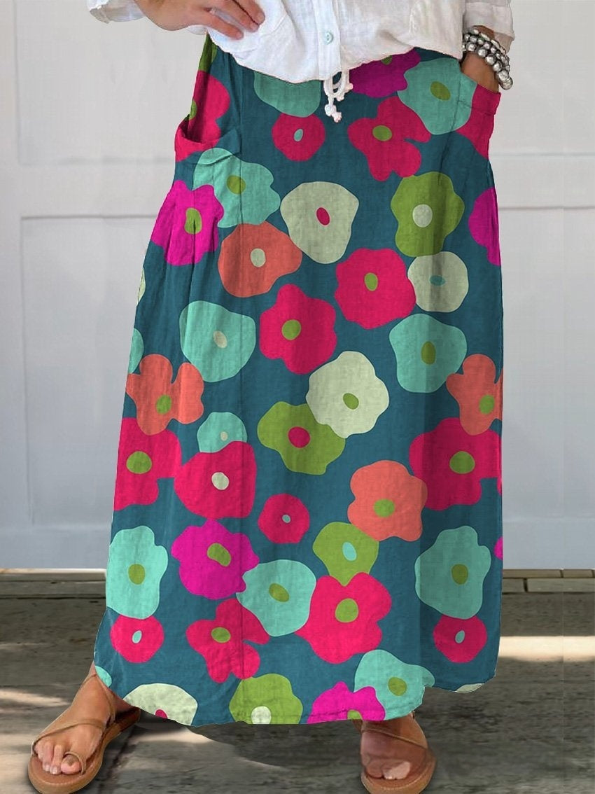 Floral Stripe Casual Skirt with Micro Elasticity for Comfort