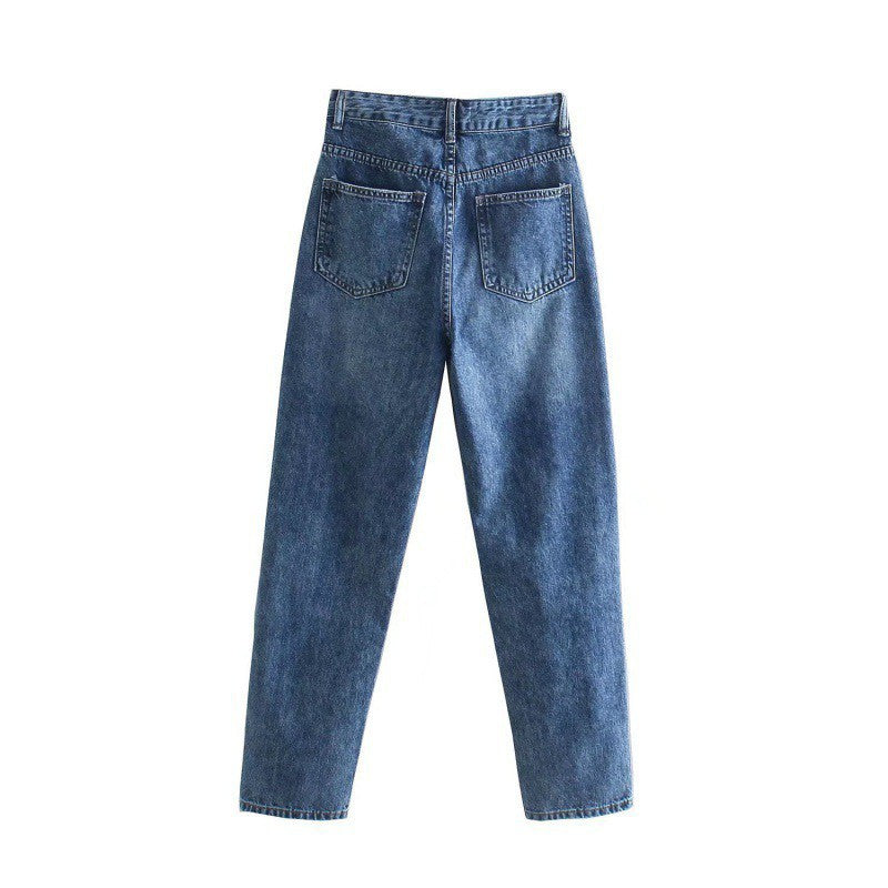 High Waist Loose Casual Denim Trousers with Straight-Leg Style