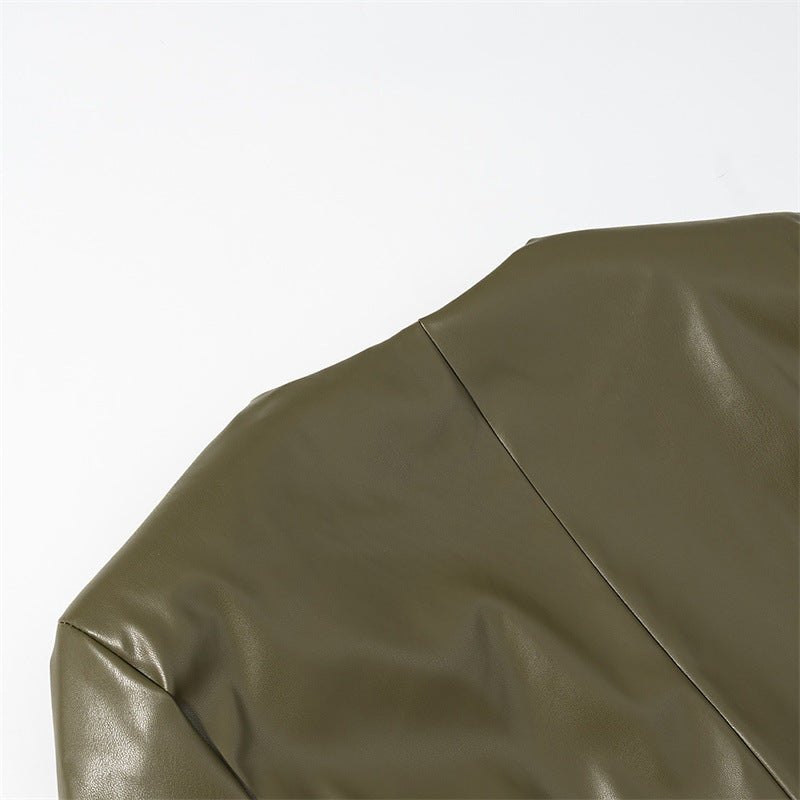 Long-sleeved V-neck Leather Jacket with Stylish Contrast Colors