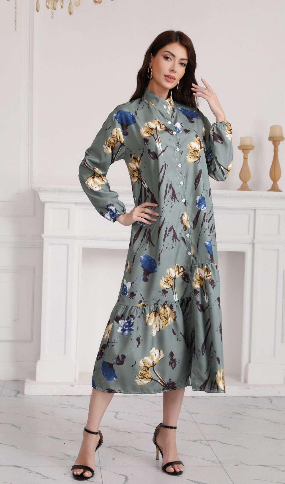 Floral Print Long Dress with Comfortable Cotton-Linen Blend Fabric