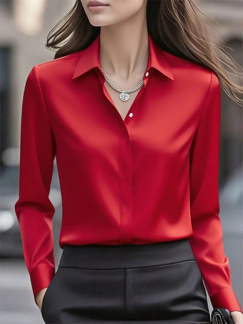 Satin Blouse with Long Sleeve Lapel Design for Effortless Elegance