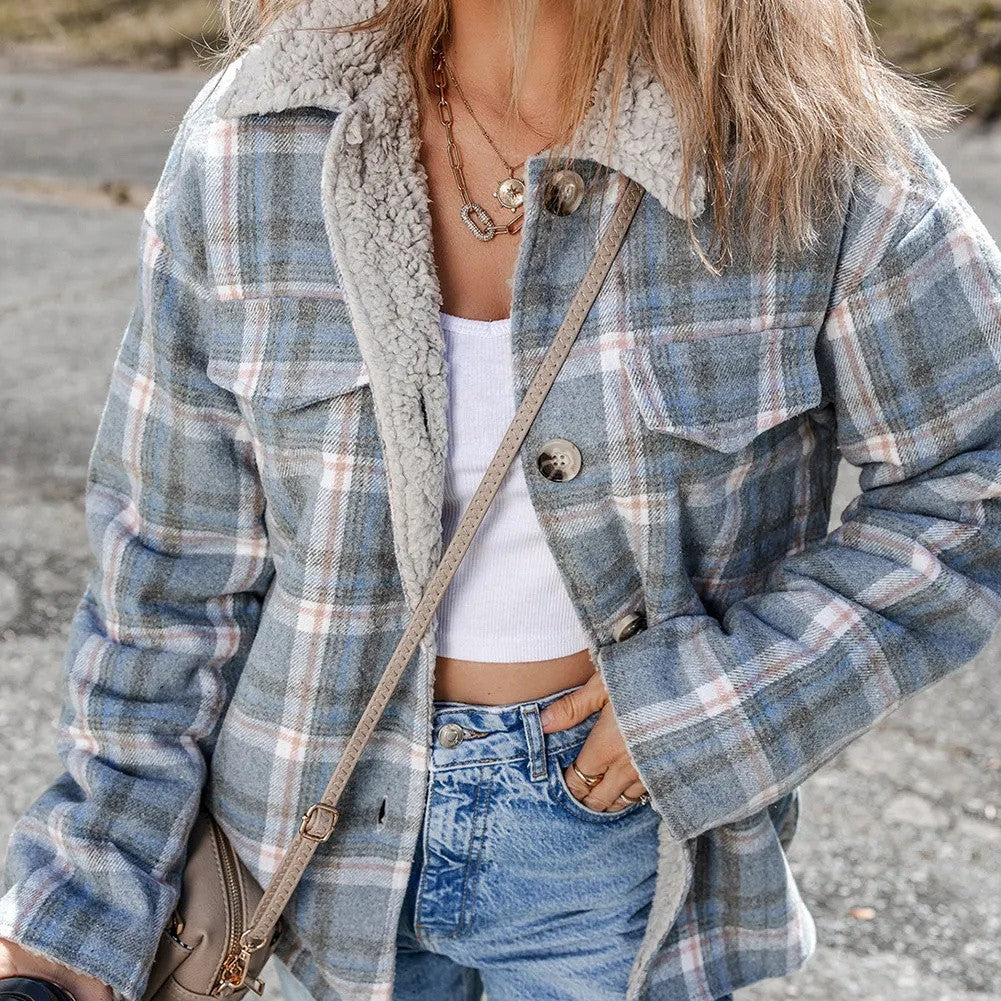 Sky Blue Stripe Sherpa Collar Cuffs Patchwork Plaid Shirt Jacket