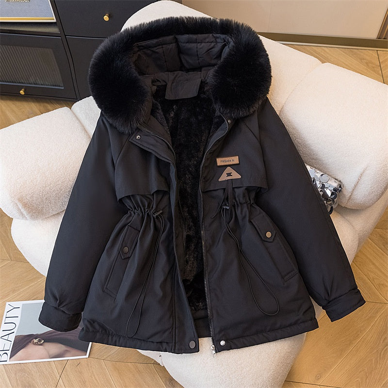 Padded Velvet Coat with Stylish Fur Collar and Loose Fit