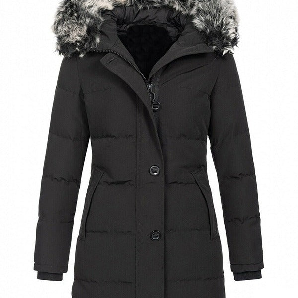 Hooded Warm Slim-fit Mid-length Coat with Fur Collar