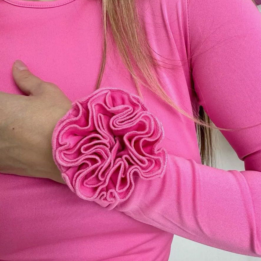 Floral Long Sleeve Slim-fit Tops with Charming 3D Design