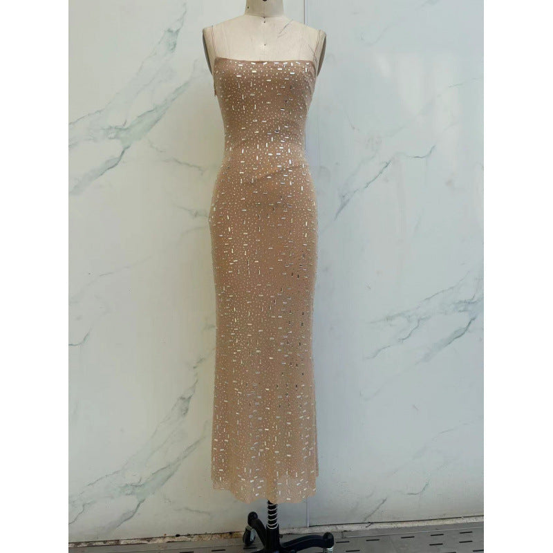 Sequin Spaghetti Strap Dress with Elegant Nude & Black Detailing