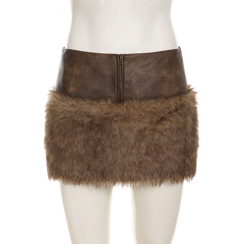 Retro Short Furry Skirt with Stylish Zipper Detail