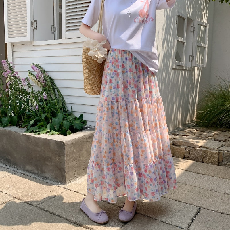 A-Line Chiffon Floral Skirt with Colorful Print Style